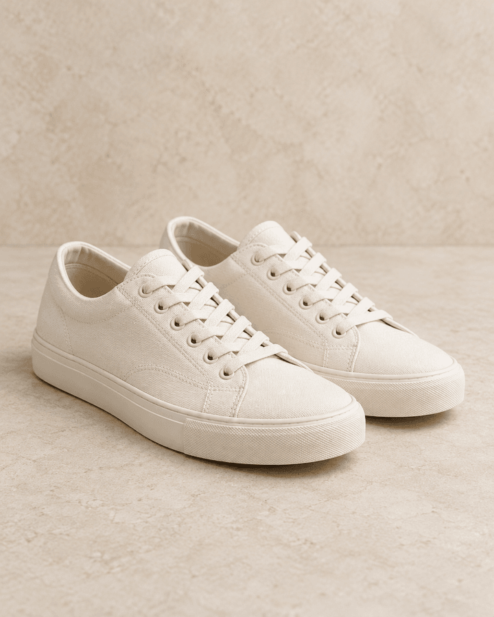 A pair of off-white canvas sneakers