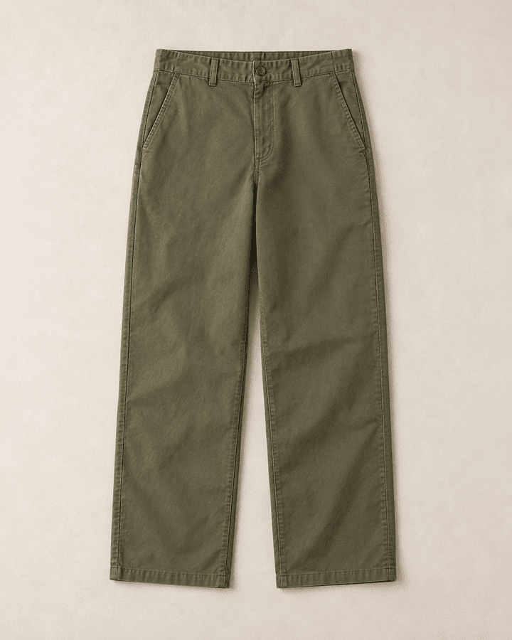 Olive straight-leg trousers, laid flat