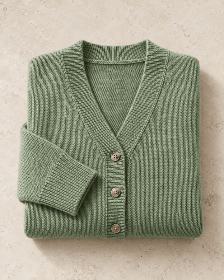 Folded sage knit cardigan with wooden buttons