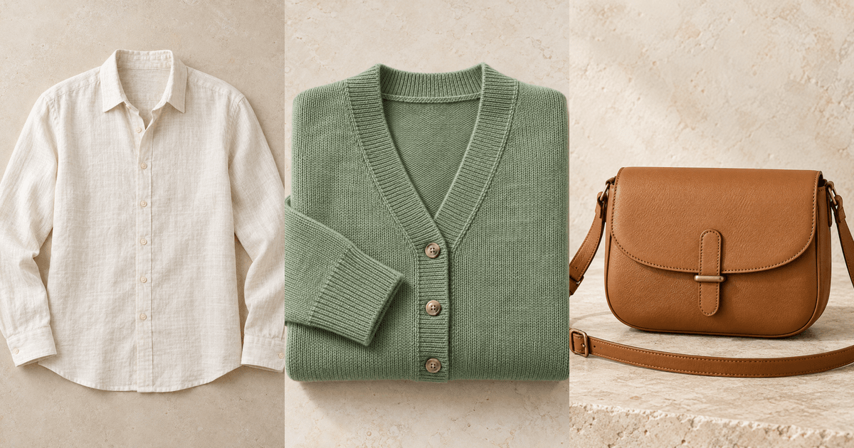 A linen shirt, a sage knit cardigan and a tan crossbody bag laid flat side by side.