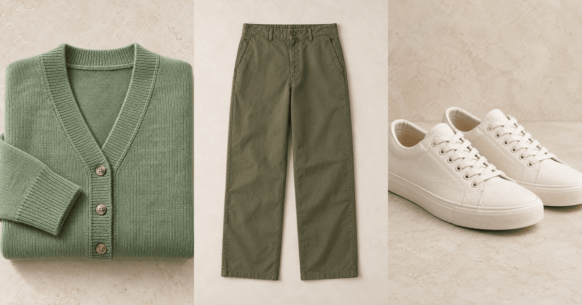 A sage knit cardigan, olive trousers and off-white sneakers laid flat side by side.