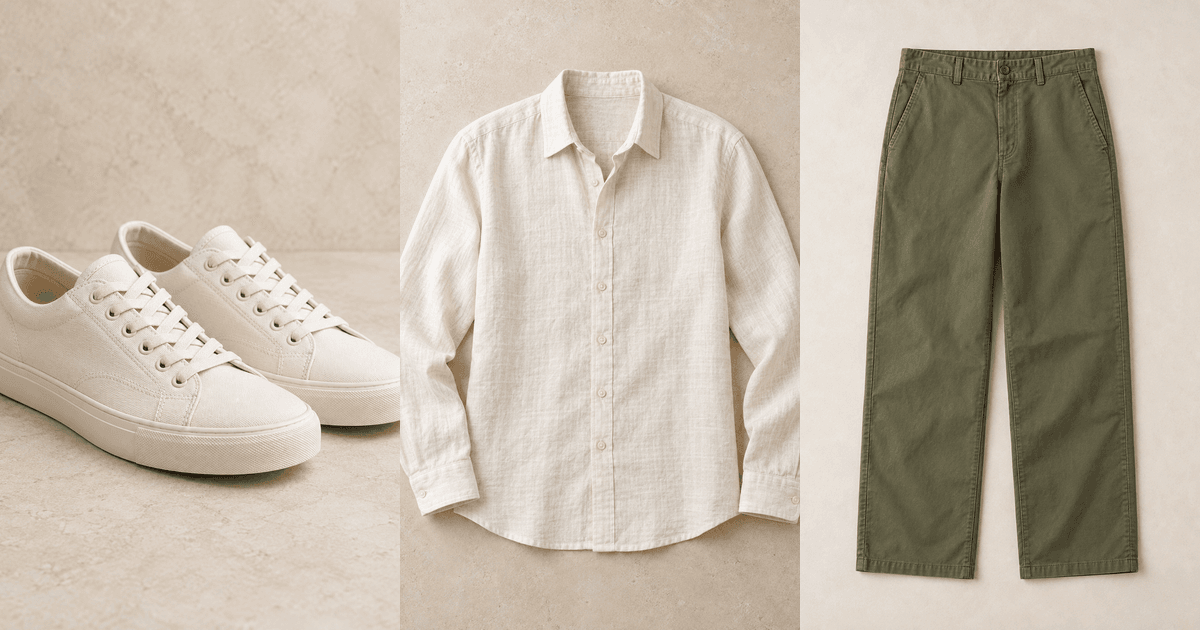 Off-white sneakers, a linen shirt and olive trousers laid flat side by side.