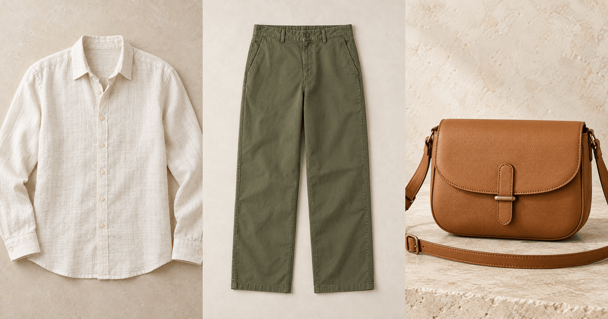 A linen shirt, olive trousers and a tan crossbody bag laid flat side by side.